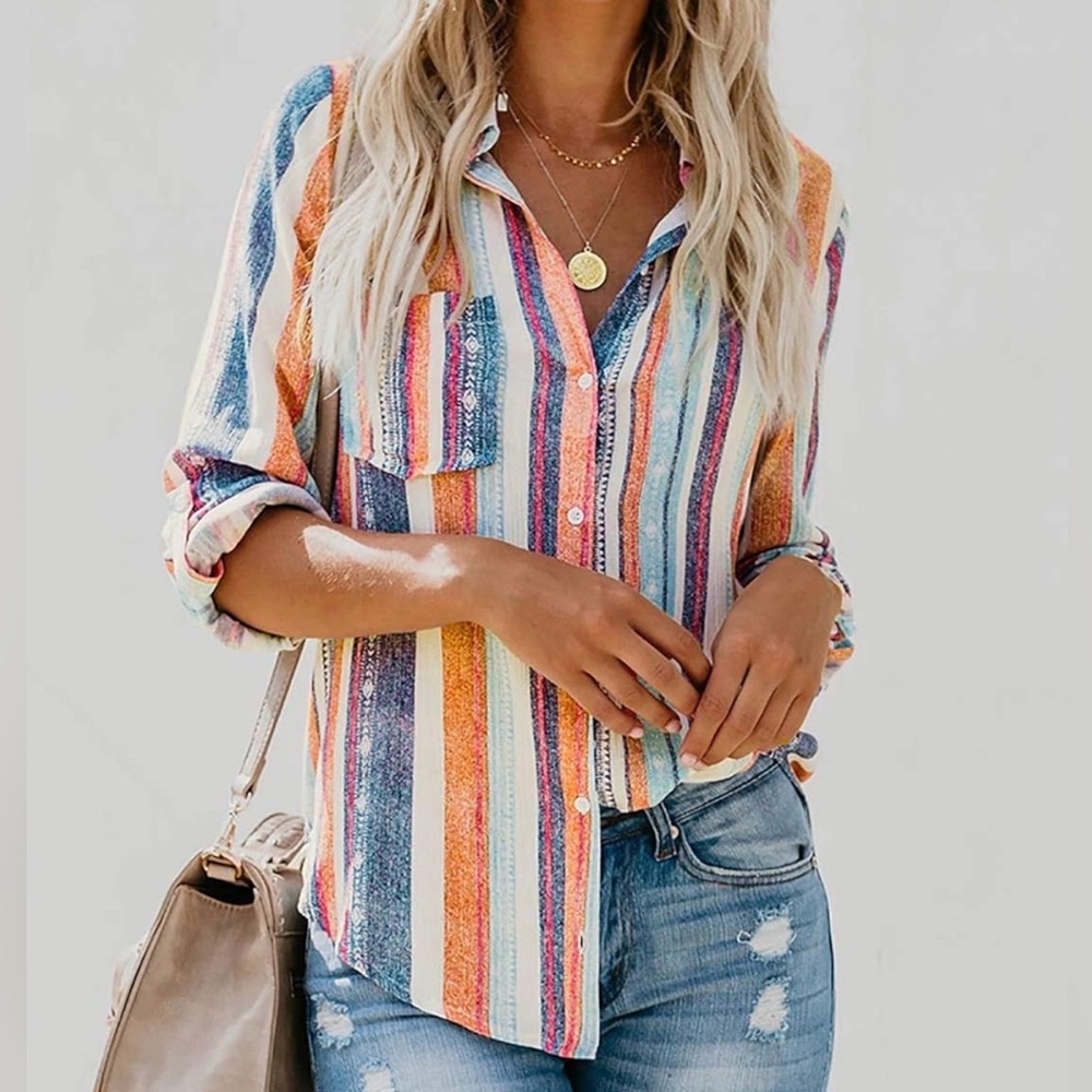 Aztec Striped Button Up Shirt | Roll Tab Sleeves | Size L